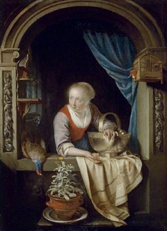 Woman at a Window with a Copper Bowl of Apples and a Cock Pheasant by Gerrit Dou