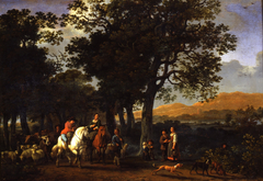 Wooded landscape with horsemen, peasants and cattle on a road by Abraham van Calraet