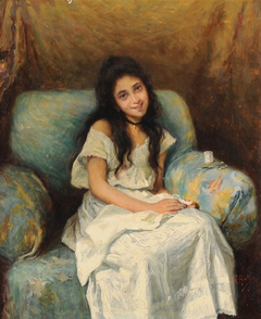 Young girl sewing by Richard Hall