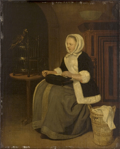 Young Lady Sewing by Gabriël Metsu