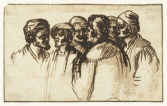 Zes mannen met elkaar in gesprek by Hendrick Goudt