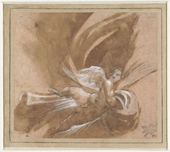 Zwevende putto die een gordijn optilt by Unknown Artist