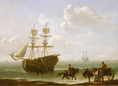 A beached collier unloading into carts by Julius Caesar Ibbetson