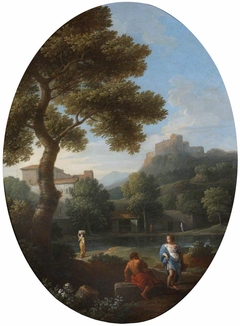 A Classical Landscape with a Man and a Woman conversing and a Distant Hill Town and Castle by Jan Frans van Bloemen