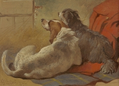 A Hound and a Bearded Collie seated on a Hunting Coat by John Frederick Herring