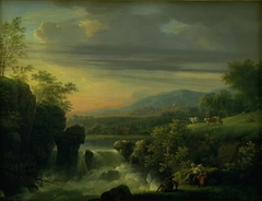 A Mountainous Landscape with a Waterfall. Sunrise by Jens Juel