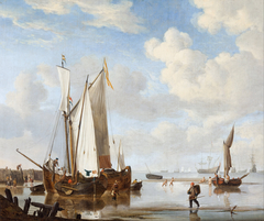 A wijdschip and a kaag in an inlet close to a sea-wall by Willem van de Velde the Younger