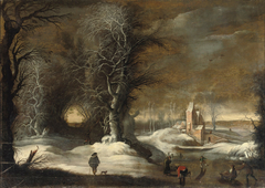 A winter landscape with figures sleighing and skating by Gijsbrecht Leytens