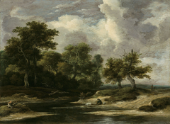 A wooded river landscape with a traveller and dog by Jacob van Ruisdael