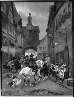 Abmarsch schwedischer Reiter aus Rothenburg ob der Tauber (Szene am Römerbogen) by Wilhelm Emelé