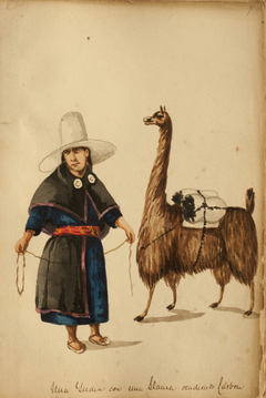 An Indian with a llama selling coal by Pancho Fierro