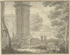 Arcadisch landschap met antieke gebouwen en enkele figuren by Louis Fabritius Dubourg