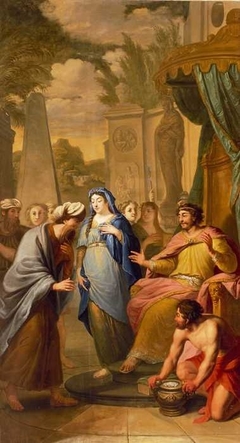 Bijbelse voorstelling: Abimelech geeft Sara aan Abraham terug by Elias van Nijmegen