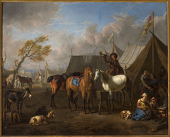 Camp scene with a trumpeter. by Pieter van Bloemen