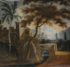 Classical Landscape with Buildings, River, Trees, and Mountains beyond by Anonymous