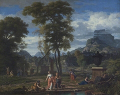 Classical Landscape with Greek Maidens venerating a Statue of Pan amongst Tombs by Johannes Glauber