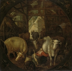 Cows in a stable; witches in the four corners by Roelant Savery