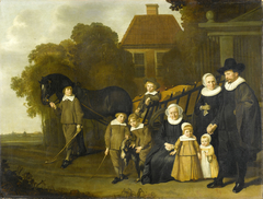 De familie Meebeeck Cruywagen bij de poort van hun buitenhuis aan de Uitweg bij Amsterdam by Jacob van Loo