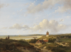 Een vuurtoren en visserswoningen in de duinen, in de verte de zee by Andreas Schelfhout