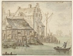 Enige huizen aan een rivier by Unknown Artist