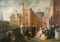 Familieportret met prins op de binnenplaats van een Brussels paleis by Lancelot Volders