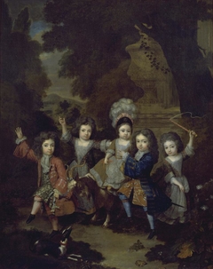 Family portrait of three daughters en two sons of Francisco Lopes Suasso (1683-1723) by Constantijn Netscher