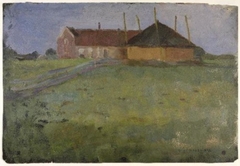 Farm building with haystack viewed along the horizon by Piet Mondrian