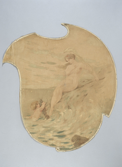 Femme au bord de la mer avec un enfant portant une écrevisse. Peinture décorative pour le Café de Paris. by Anonymous