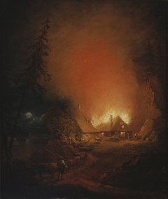 Fire at night in a farmhouse by Aleksander Lauréus