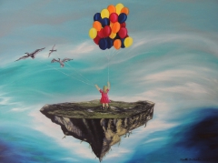 "Floating Island with Little Girl, Balloons and Seagulls", oil on canvas, 80 x 60 cm by Martha De Cunha