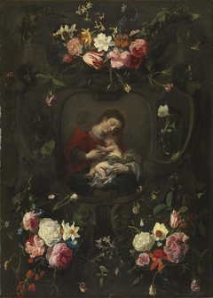 Flower garland around a Madonna and Child by Daniel Seghers