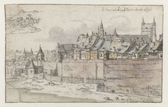 Gezicht op de muren van Maastricht met de O.L.Vrouwe-Basiliek by Josua de Grave