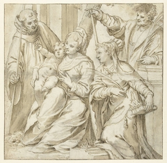 Heilige Familie met twee palmtak dragende martelaren by Unknown Artist