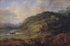 Heuvelig landschap met waterval en kasteel by Lucas van Uden