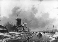 Houtzaagmolens aan een vaart bij winter by Andreas Schelfhout