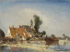 Huizen aan een vaart bij Crooswijk by Johan Barthold Jongkind