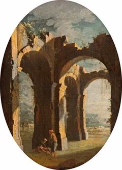 Italian Capriccio of Classical Ruins with Labourers by Leonardo Coccorante