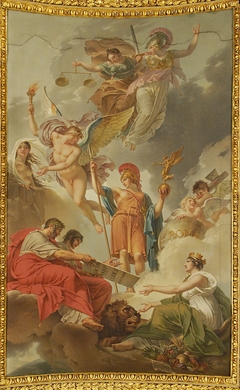 La Terre recevant des empereurs Adrien et Justinien le code des lois romaines dictées par la nature, la justice et la sagesse by Charles Meynier