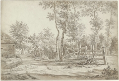 Landschap met bomen, huizen en rechts een hek by Henricus Turken