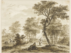 Landschap met figuren en links een man in een punter by Bartholomeus Barbiers