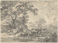 Landschap met herder en vee onder boom bij water by Jacob Cats 1741-1799