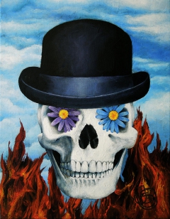 Magritte Bowler Hat Skull Painting by Johanna Uribes