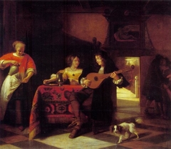 Merry Company with a mandolin and a dog by Pieter de Hooch