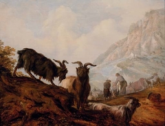 Peasants and goats in a mountainous landscape by Jacobus Mancadan