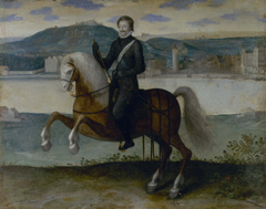 Portrait d'Henri IV (1553-1610), roi de France, à cheval devant Paris. by Anonymous