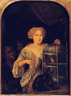 Portrait of a Woman feeding a Parrot, with a Servant by Pieter Cornelisz van Slingelandt