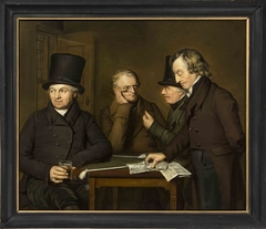 Portrait of four gentlemen, talking, smoking, drinking and reading the newspaper by Tjeert Eernstman