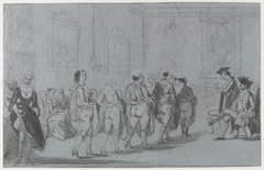 Prins Eugenius van Savoye in het etablissement van Mme Traese op de Prinsengracht met revue van prostituées, ca. 1720 by Cornelis Troost