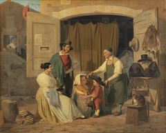 Roman peasants buying a hat for their little son, who is to be an abbot by Albert Küchler