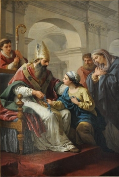 Saint Germain l'Auxerrois donnant une médaille à sainte Geneviève by Louis-Jean-François Lagrenée